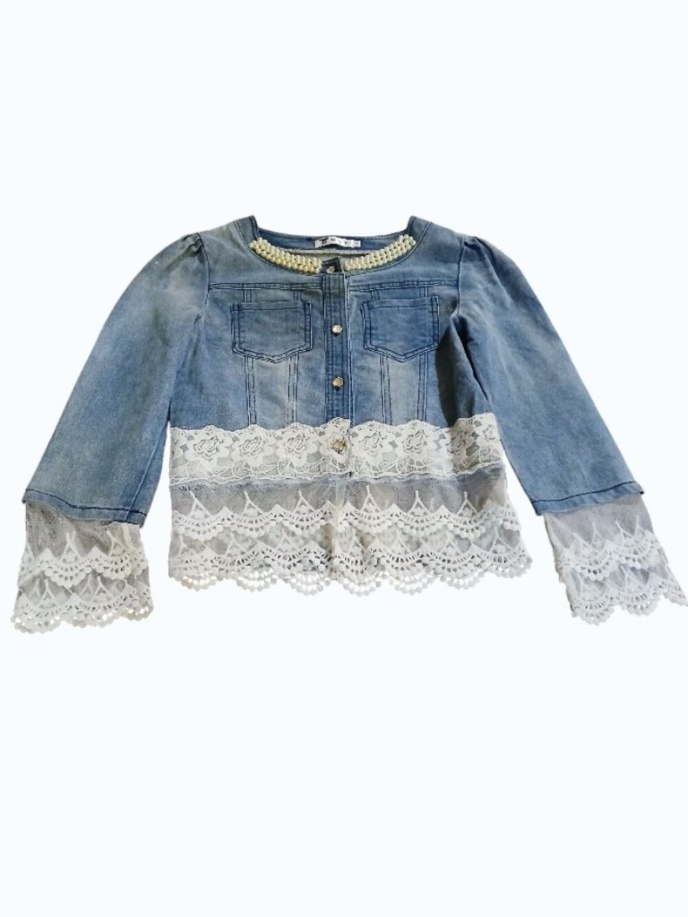 WTY Blue Jean Jacket with Faux Pearls and Lace/Crochet Cuffs & Hem - EUC - Picture 10 of 12